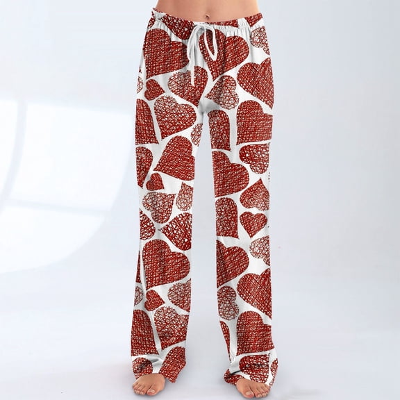 Iaqnaocc Valentines Womens Pajama Pants Cute Valentine's Hearts Print Nightwear Elastic Waist Comfort Soft Straight Leg Pjs Pants Wine L