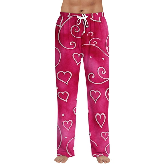 Iaqnaocc Valentines pajama pants for men Casual Cute Love Heart Print PJ Bottoms Lounge Elastic Waist Pajamas Pants Lightweight Fall Winter PJ Bottoms with pockets Pink M
