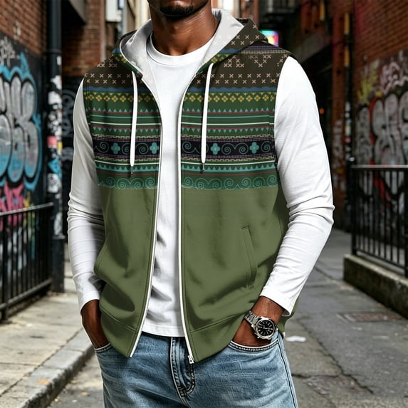 Iaqnaocc Vest for men Sleeveless Jacket Wrinkle Resistant Vest Casual Ethnic Style Sleeve Less Outerwear Army Green L