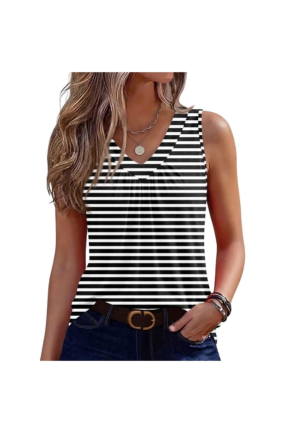 White Tank Top Woman 2026 Summer Sleeveless Loose Fit Striped Boho T Shirts Dressy Casual V Neck Womens Fashion Shirts Black L
