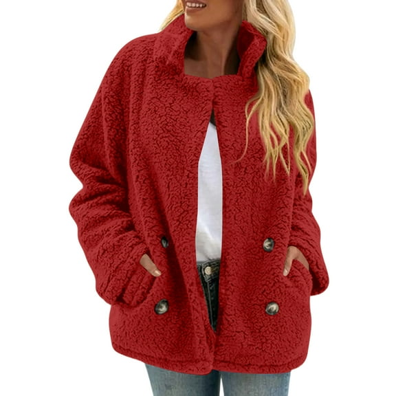 Iaqnaocc Winter Coats for Women Fuzzy Faux Fur Fleece Outwear Fashion Lapel Button Casual Warm Sweaters Coats with Pockets Red XXL