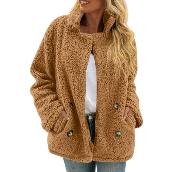 Iaqnaocc Winter Coats for Women Fuzzy Faux Fur Fleece Sherpa Jacket Trendy Lapel Button Fluffy Warm Sweaters Coats with Pockets Coffee S
