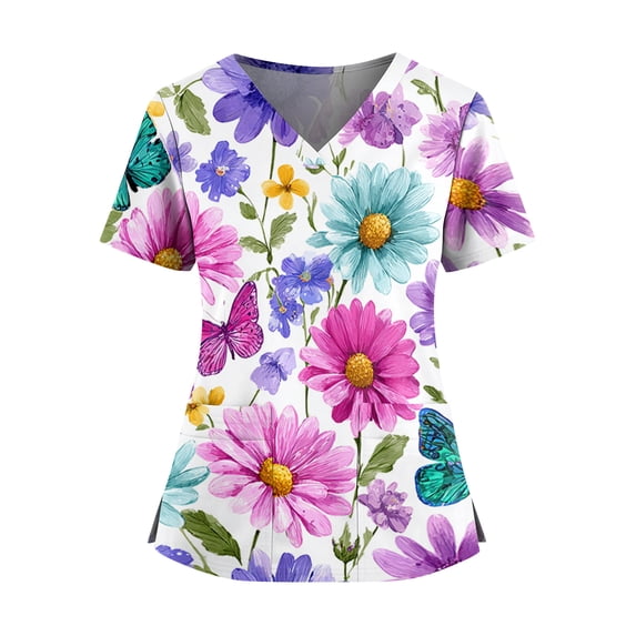 Iaqnaocc Women's Scrubs Premium Vintage Nurse Uniforms Fashion V Neck Floral Print Side Slits Scrub Tops Breathable Short Sleeve Tees Blouse with Pockets Pink L