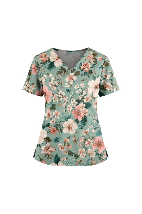 Women's Scrubs Premium Vintage Nurse Uniforms Fashion V Neck Floral Print Side Slits Scrub Tops Ultra Soft Short Sleeve Tees Blouse with Pockets Light Green S
