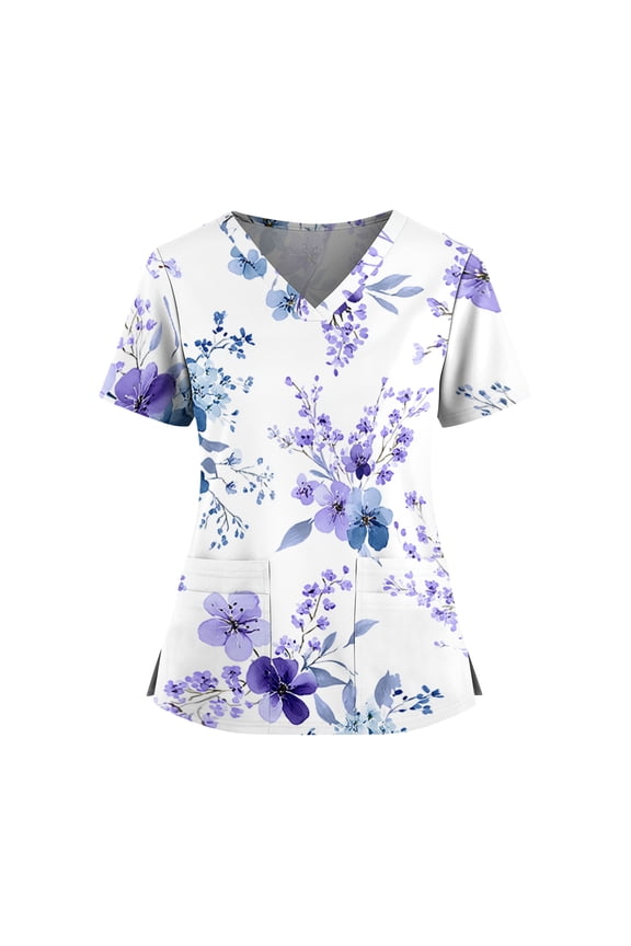 Women's Scrubs Premium Vintage Nurse Working Uniforms Fashion V Neck Floral Print Side Slits Scrub Shirt Ultra Soft Short Sleeve Medical Workwear with Pockets Purple S