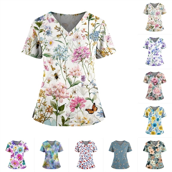 Iaqnaocc Women's Scrubs Premium Vintage Nursing Uniform Trendy V-Neck Floral Print Side Slits Scrub Tops Breathable Short Sleeve Medical Workwear with Pockets Multicolor 4XL
