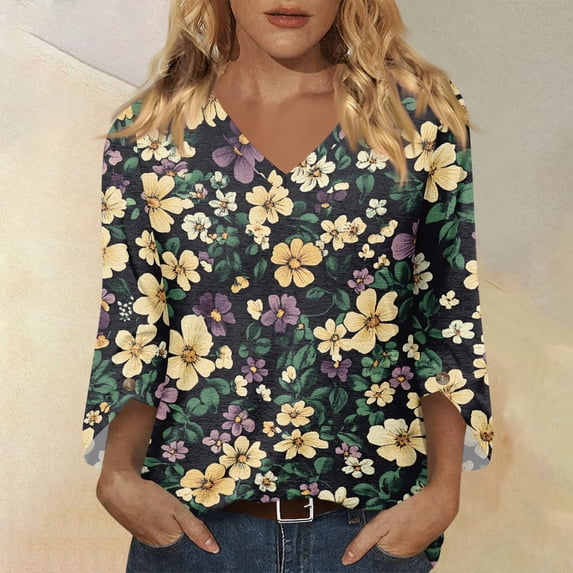 Iaqnaocc Women's Tops, Tees & Blouse Summers 3/4 Sleeve Dressy Casual Crew Neck T-Shirts Vintage Floral Print Tunic Tops Basic Loose Spring Day T Shirts Khaki XL