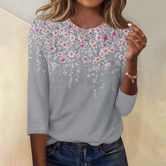 Iaqnaocc Women's Tops, Tees & Blouses 3/4 Length Sleeve Dressy Casual Round Neck Blouses Vintage Floral Print Tees Blouses Basic Loose Fall Summer Clothes Pink L