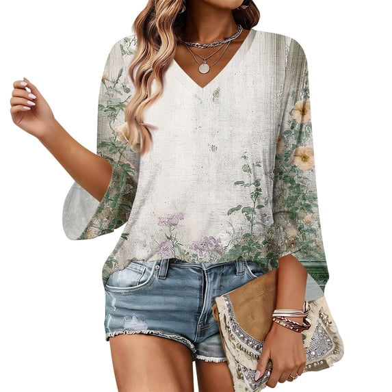 Iaqnaocc Women's Tops, Tees & Blouses 3/4 Sleeve Dressy Casual Crew Neck Blouses Vintage Floral Print Tunic Tops Loose Fit Fall Summer T Shirts Light Green L