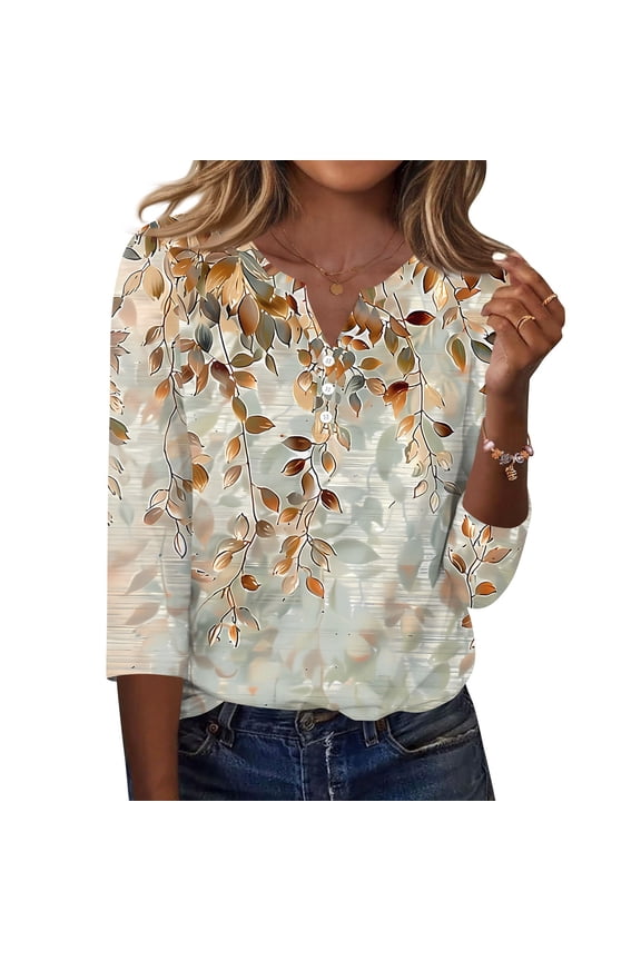 Women's Tops, Tees & Blouses 3/4 Sleeve Dressy Casual Henley V-Neck T-Shirts Vintage Western Ethnic Style Tunic Tops Business Work Fall Summer Tee Top Light Brown XXL
