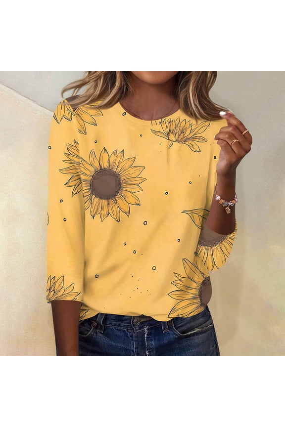 Women's Tops, Tees & Blouses 3/4 Sleeve Dressy Casual Round Neck Blouses Vintage Sunflower Graphic Printed Tunic Tops Business Work Fall Spring Tee Top Orange XL