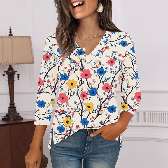 Iaqnaocc Women's Tops, Tees & Blouses Casual 3/4 Sleeve V Neck Tunic Business Fall Winter Floral Print Comfortable Tops with Curved Hem Design Beige S