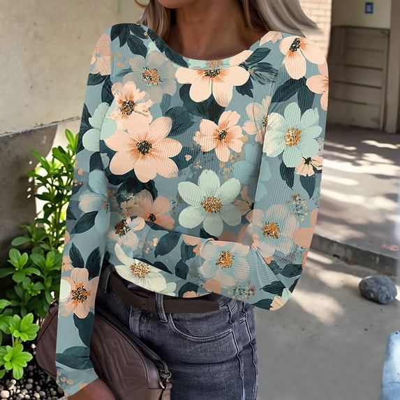 Iaqnaocc Women's Tops, Tees & Blouses Long Sleeve Vintage Floral Print Blouses Slim Fitted Trendy Tunic Tops Casual Round Neck Spring Day T Shirts Light Green S
