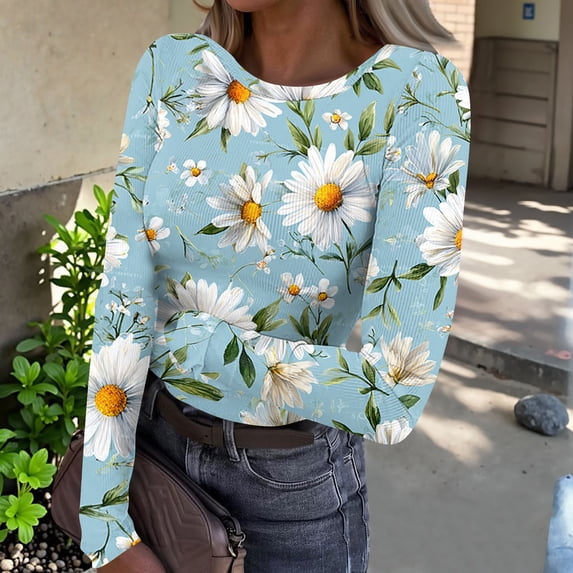 Iaqnaocc Women's Tops, Tees & Blouses Long Sleeve Vintage Floral Print T-Shirts Slim Fit Trendy Tunic Tops Casual Round Neck Spring Day T Shirts Light Blue L