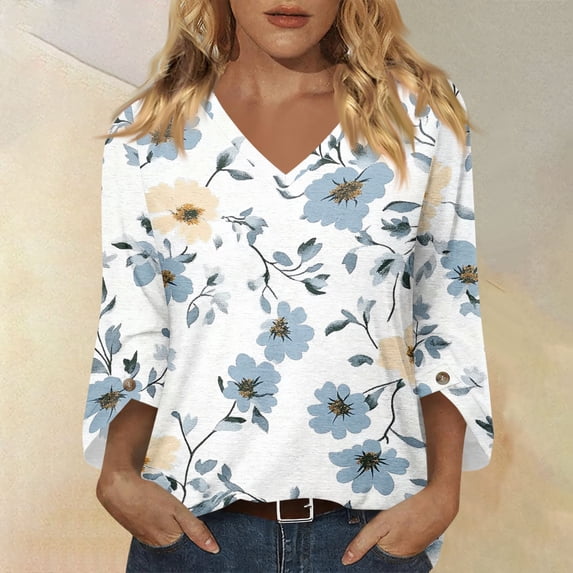 Iaqnaocc Women's Tops, Tees & Blouses Summer 3/4 Length Sleeve Womens Tops Casual Crewneck T-Shirts Vintage Floral Print Tees Blouses Business Work Clothes Light Blue M