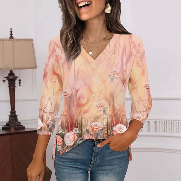 Iaqnaocc Women's tops Casual 3/4 Length Sleeve V Neck Blouses Business Fall Winter Floral Print Fashion Tops with Curved Hem Orange XXXL