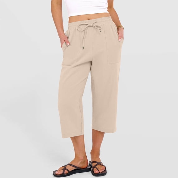 Iaqnaocc Womens Linen Pants Casual Lightweight Summer Capri Pants Drawstring Elastic Waist Beach Lounge Cropped Women's Pants with Pockets Khaki S
