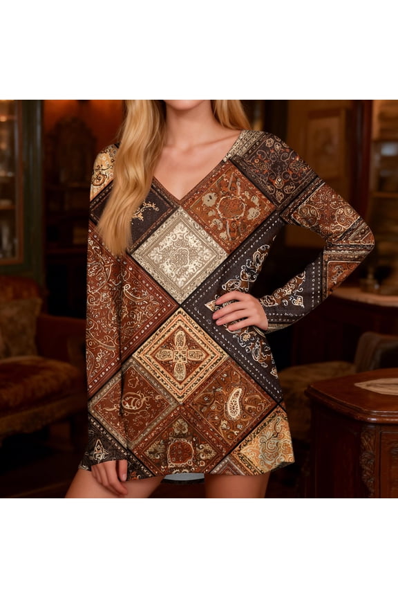 Womens Long Sleeve Tops Fashion Vintage Western Ethnic Style Tunic Plus Size V Neck Womens Tops Fall Winter Dressy Casual Irregular Hem Tees Blouse Saffron L