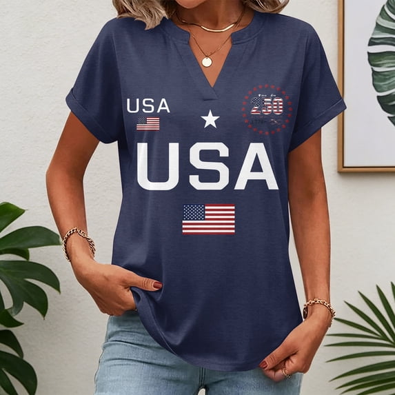 Iaqnaocc Womens Shirts 250 Anniversary Usa 4th Of July Summer America 250 Shirt V Neck Retro T Shirt Patriotic 250 anniversary usa flag July 4th Celebration Short Sleeve Tee Shirts Navy XL