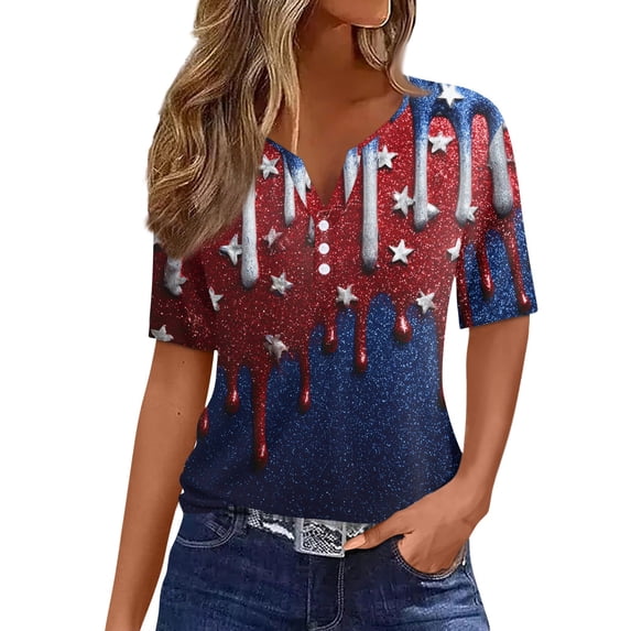 Iaqnaocc Womens Shirts 250 Anniversary Usa 4th Of July Summer Button Down V Neck Vintage T Shirt Independence Day American Flag Stars July 4th Celebration Short Sleeve Tee Tops Dark Blue XXXL