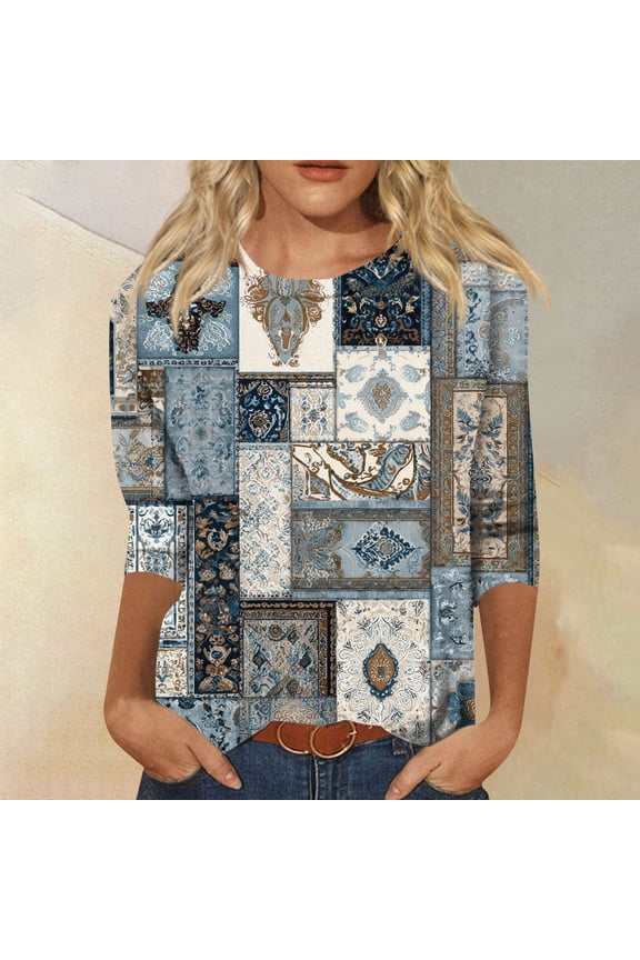 Womens Shirts 3/4 Length Sleeve Casual Round Neck T-Shirts Oversized Vintage Floral Print Tunic Tops Basic Loose Spring Day Tee Top Camel 2XL