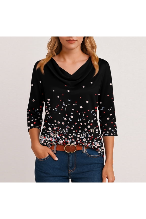 Womens Shirts 3/4 Length Sleeve Silk Satin Dressy Casual Cowl Neck Tunic Blouses Fashion Floral Print T-Shirts Loose Fit Spring Summer Tops Black S