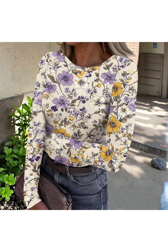 Womens Shirts Long Sleeve Retro Floral Print Blouses Slim Fit Going Out Tunic Tops Dressy Casual Round Neck Spring Day Tops Purple M