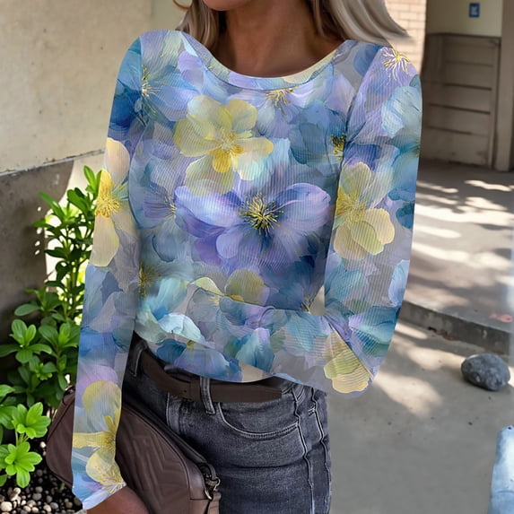 Iaqnaocc Womens Shirts Long Sleeve Vintage Floral Print Blouses Slim Fit Going Out Tees Blouses Casual Crew Neck Fall Spring Tops Yellow M
