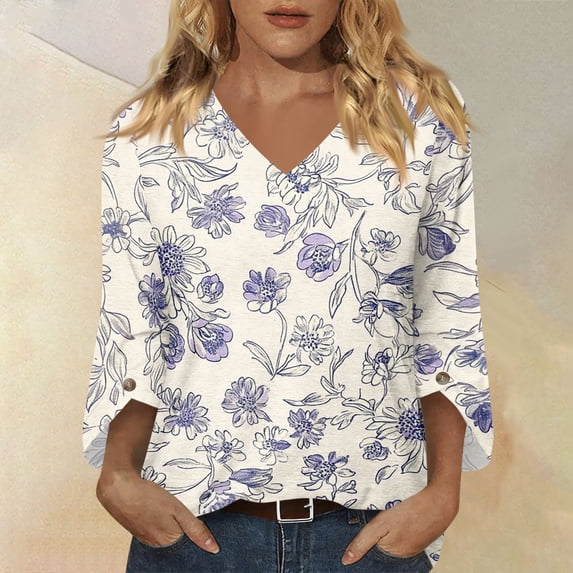 Iaqnaocc Womens Shirts Summer 3/4 Length Sleeve Womens Tops Dressy Casual Crew Neck Blouses Vintage Floral Print Tunic Tops Business Work Tee Top Light Purple M