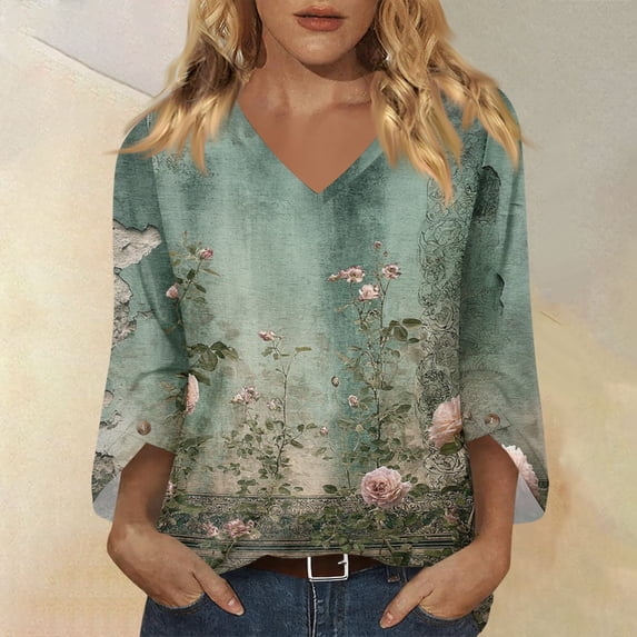 Iaqnaocc Womens Summer Tops 3/4 Length Sleeve Womens Tops Casual Crew Neck Blouses Vintage Floral Print Tees Blouses Business Work Fall Summer Tee Top Green 3XL