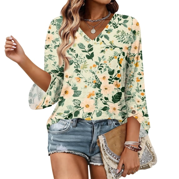 Iaqnaocc Womens Summer Tops 3/4 Length Sleeve Womens Tops Dressy Casual Crewneck T-Shirts Vintage Floral Print Tunic Tops Basic Loose Spring Day T Shirts Light Green L