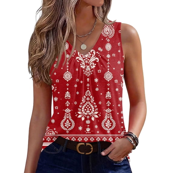 Iaqnaocc Womens Tank Tops Summer Sleeveless Loose Fit Floral Print Pleated Tunic Dressy Casual V Neck Womens Fashion Shirts Red XXL