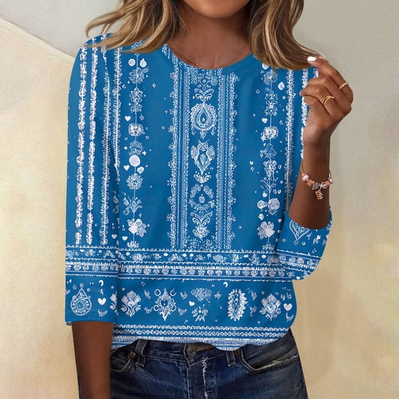 Iaqnaocc Womens Tops 3/4 Length Sleeve Dressy Casual Round Neck T-Shirts Vintage Western Ethnic Style Tees Blouses Business Work Fall Spring Clothes Sky Blue XL