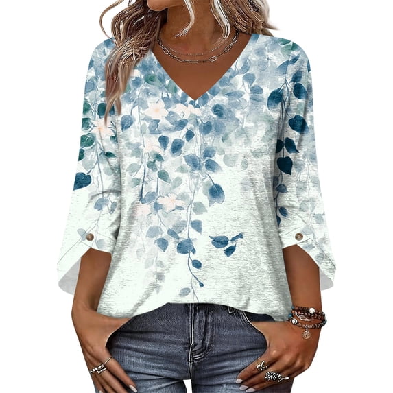 Iaqnaocc Womens Tops 3/4 Sleeve Casual Crewneck T-Shirts Vintage Floral Print Tees Blouses Loose Fit Fall Summer T Shirts Multicolor 2XL