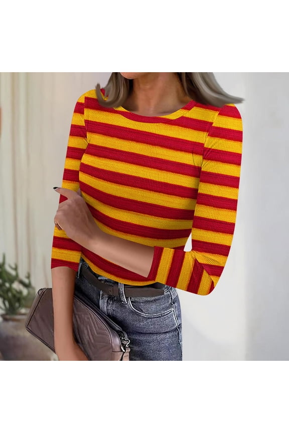 Womens Tops 3/4 length sleeve Ribbed Striped Blouses Y2k Trendy Tunic Tops Casual Crew Neck Fall Spring Tops Brown XL