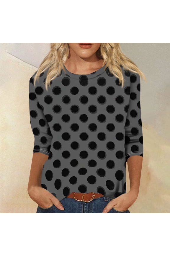 Womens Tops 3/4 sleeve tops for women Casual Crew Neck T-Shirts Polka Dots Fashion Clothing Tees Blouses Business Work Spring Day T Shirts Black and Gray M