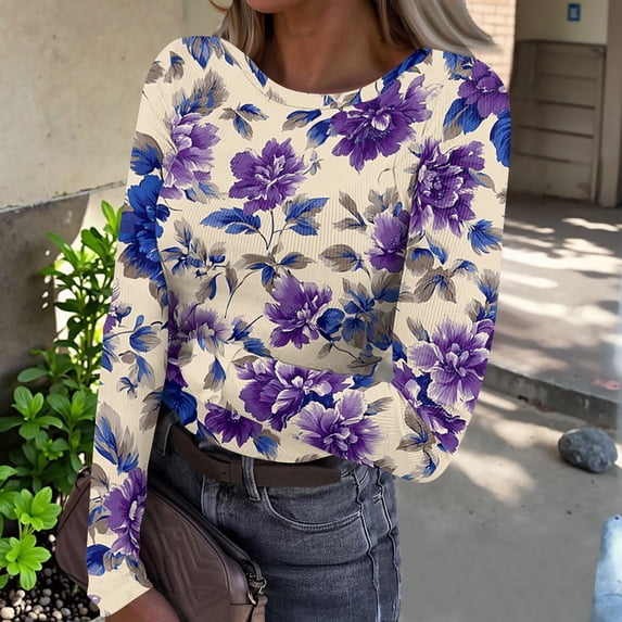 Iaqnaocc Womens Tops Long Sleeve Retro Floral Print T-Shirts Slim Fit Going Out Tees Blouses Casual Crew Neck Fall Summer Tops Dark Purple M