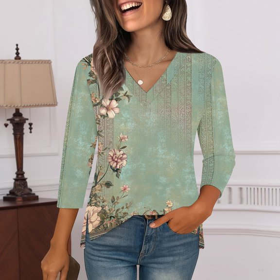 Iaqnaocc Womens tops Casual 3/4 Length Sleeve V-Neck Blouses Business Fall Winter Floral Print Comfortable Shirts with Curved Hem Light Green S