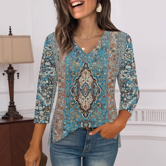 Iaqnaocc Womens tops Casual 3/4 Sleeve V-Neck Blouses Work Fall Winter Western Ethnic Style Fashion Tops with Curved Hem Light Blue L