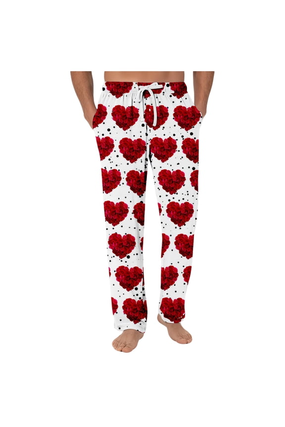 valentines mens pajama pants Casual big and tall Love Heart Graphic Pj Pants Loose Elastic Waist Pajamas Pants Lightweight Fall Winter Sleep Bottoms Wine L
