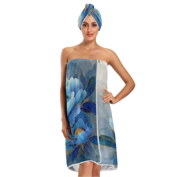 Iauyy 100% Coral Fleece Bath Towel Set - Soft Absorbent & Quick Dry Hair Drying Towels - Blue Peony Flower,59.8x31.5in