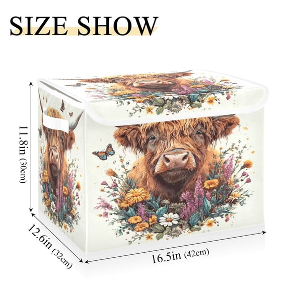 Iauyy 16.5x12.6x11.8in Foldable Flip-Top Storage Bin, Dustproof Magic Tape Closure, Ideal for Home & Toy OrganizationHighland Cattle