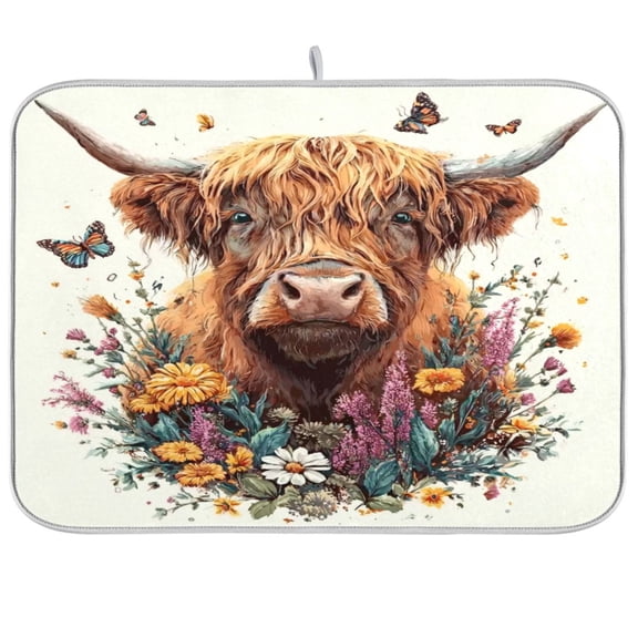 Iauyy Dish Drying Mat for Kitchen Counter, Super Absorbent & Hanging 16x18 / 18x24 Inch (S/M) Highland Cattle