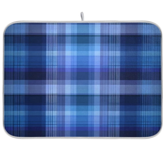 Iauyy Dish Drying Mat for Kitchen Counter, Super Absorbent & Hanging 16x18 / 18x24 Inch (S/M) Modern Style Vlue Checkered Pattern