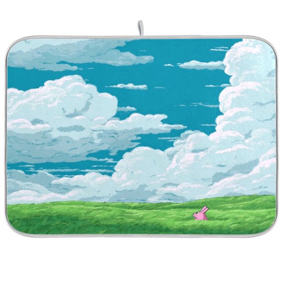 Iauyy Dish Drying Mat for Kitchen Counter, Super Absorbent & Hanging 16x18 / 18x24 Inch (S/M) with White Clouds Floating