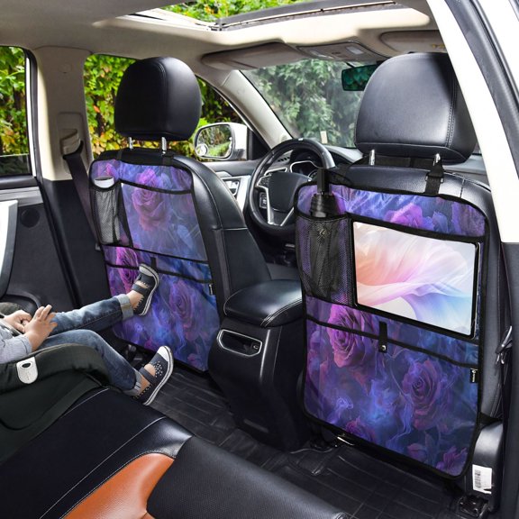 Iauyy 2-in-1 Car Kick Mats Back Seat Protector, 6 Large Storage Pockets , Universal Car Seat Back Protectors Kick for SUV & Sedan 25x18in,3d Purple Rose
