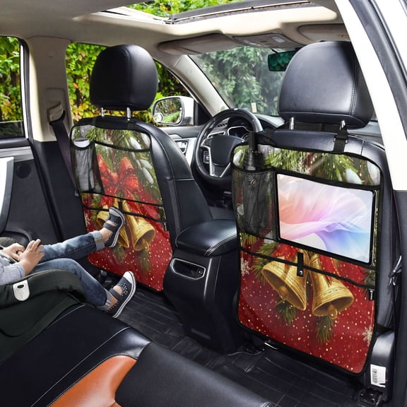 Iauyy 2-in-1 Car Kick Mats Back Seat Protector, 6 Large Storage Pockets , Universal Car Seat Back Protectors Kick for SUV & Sedan 25x18in,A Row Of Golden Bells