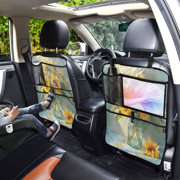 Iauyy 2-in-1 Car Kick Mats Back Seat Protector, 6 Large Storage Pockets , Universal Car Seat Back Protectors Kick for SUV & Sedan 25x18in,Beautiful Bouquet Of Sunflowers