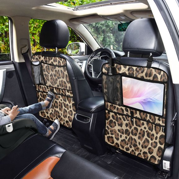 Iauyy 2-in-1 Car Kick Mats Back Seat Protector, 6 Large Storage Pockets , Universal Car Seat Back Protectors Kick for SUV & Sedan 25x18in,Brown Leopard Print