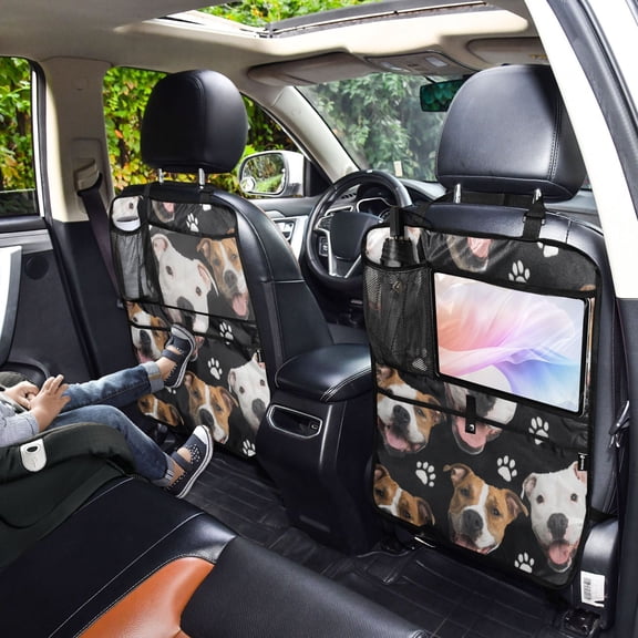 Iauyy 2-in-1 Car Kick Mats Back Seat Protector, 6 Large Storage Pockets , Universal Car Seat Back Protectors Kick for SUV & Sedan 25x18in,Bull Terrier